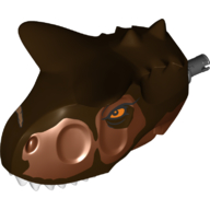 Animal Body Part, Dinosaur, Carnotaurus Head with Pin, White Teeth, Dark Brown Markings, Orange Eyes Print Rotbraun