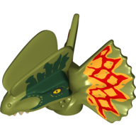Animal Body Part, Dinosaur, Dilophosaurus Head with Dark Green, Dark Red and Yellow Markings Print Olivgrün