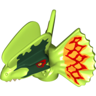 Animal Body Part, Dinosaur, Dilophosaurus Head with Dark Green and Red Around Eyes and Red and Orange on Frill Print Limette