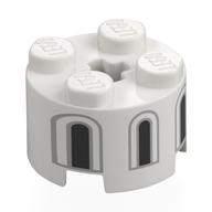 Brick Round 2 × 2 with Axle Hole with Dark Bluish Grey/Black Windows print White