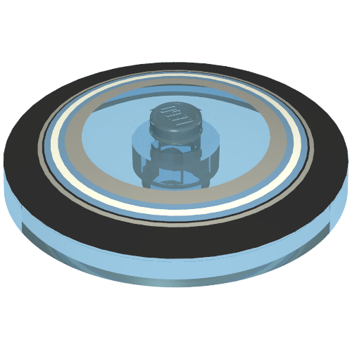 Dish 4 × 4 Inverted with Closed Stud [Radar] with Black, Light Blue, and Metallic Silver Circles Print Transparent-Hellblau
