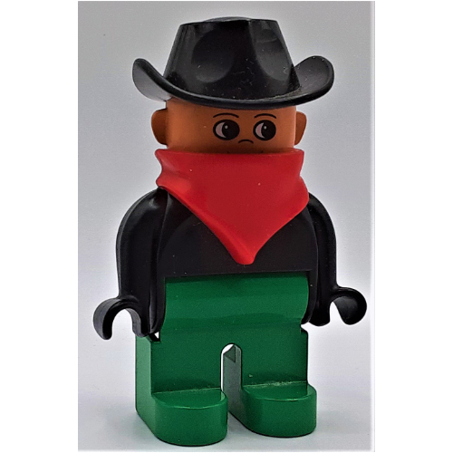 Duplo Figure, Early, Cowboy Hat Black, Green Legs, Red Bandana Black