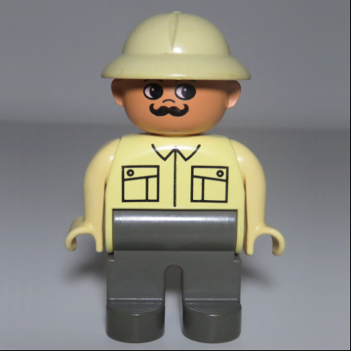 Duplo Figure, Early, Pith Helmet Tan, Dark Gray Legs, Collar and Patch Pockets, Moustache Print Tan