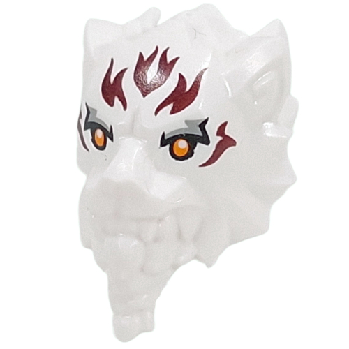 Minifig Head Special Lion/Tiger with Orange Eyes, Black/Light Bluish Grey Eyeshadow, Dark Red Flames print White
