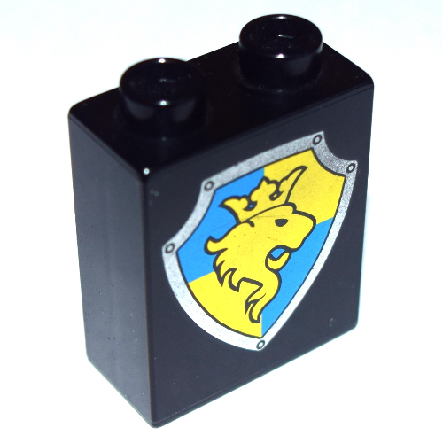 Duplo Brick 1 × 2 × 2 with Shield, Lion and Crown on Yellow and Blue Background Print Schwarz