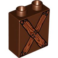Duplo Brick 1 × 2 × 2 with Nailed Crossed Wooden Boards Print Reddish Brown