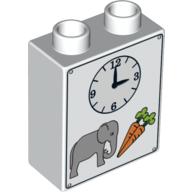 Duplo Brick 1 × 2 × 2 with Clock, Elephant and Carrots Print White