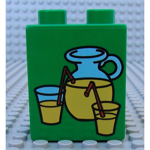 Duplo Brick 1 × 2 × 2 with Lemonade Pitcher and Glasses Print Grün