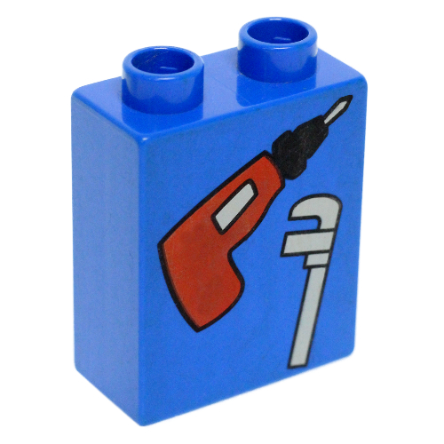 Duplo Brick 1 × 2 × 2 with Electric Drill and Wrench Print Blau