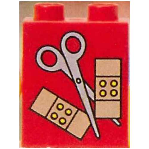 Duplo Brick 1 × 2 × 2 with Scissors and Bandaids Print Red