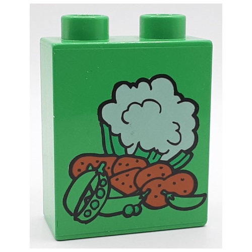 Duplo Brick 1 × 2 × 2 with Cauliflower, Peas and Potatoes Print Bright Green