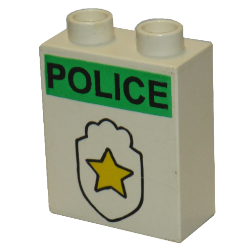 Duplo Brick 1 × 2 × 2 with Star Badge and 'POLICE' Print Weiß