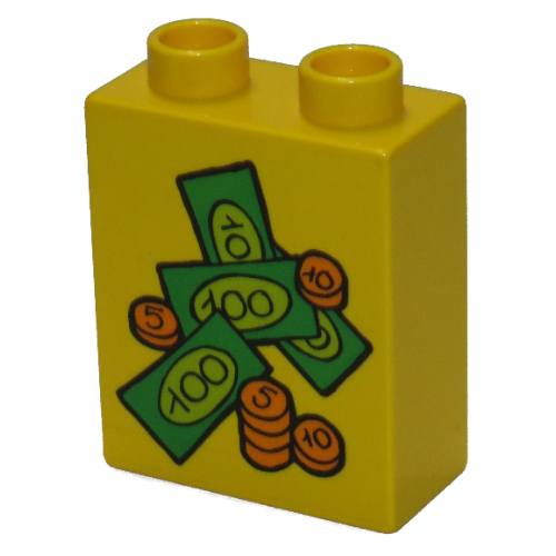 Duplo Brick 1 × 2 × 2 with Bills and Coins Print Gelb