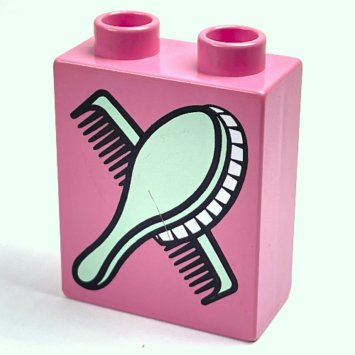 Duplo Brick 1 × 2 × 2 with Comb and Brush Print Duplo Pink