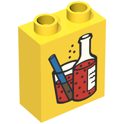 Duplo Brick 1 × 2 × 2 with Bottle and Glass with Straw, Full of Fizzy Red Liquid Print Yellow