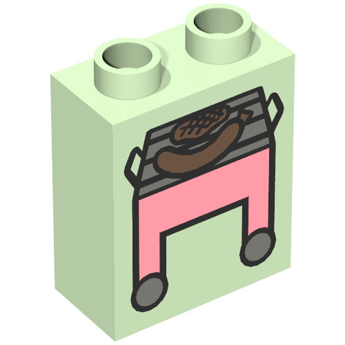 Duplo Brick 1 × 2 × 2 with Pink BBQ / Grill and Hot Dog Print Light Green