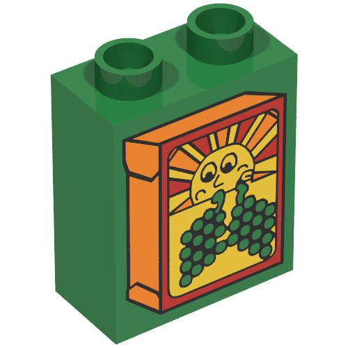 Duplo Brick 1 × 2 × 2 with Box with Sun and Grapes (Grape Juice Box) Print Grün
