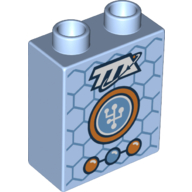 Duplo Brick 1 × 2 × 2 with Blue Interlocking Hexagonal Background (Honeycomb) with TTA Letters and Badge - 2 Orange and 1 Blue connected Circles / Buttons print Leuchtendes Hellblau