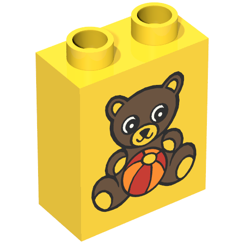Duplo Brick 1 × 2 × 2 with Teddy Bear and Ball Print Gelb