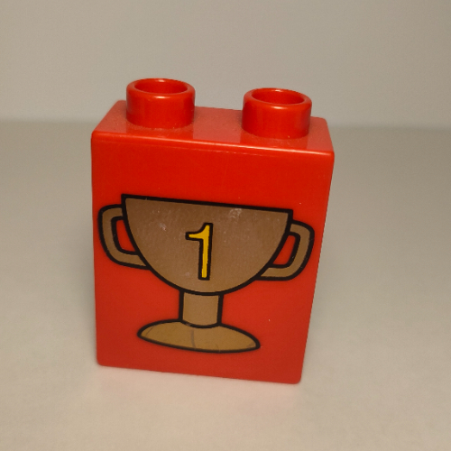 Duplo Brick 1 × 2 × 2 with Trophy Cup Number 1, Dark Gold Print Rot
