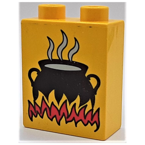Duplo Brick 1 × 2 × 2 with Cooking Pot on Flames Print Gelb