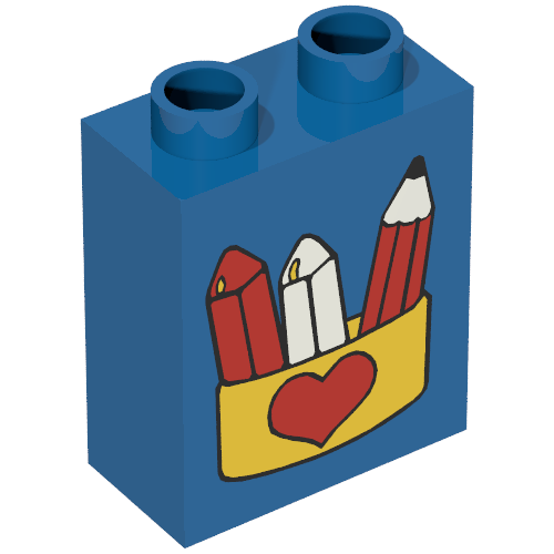 Duplo Brick 1 × 2 × 2 with Pencil and Crayons in Box with Red Heart Print Blau