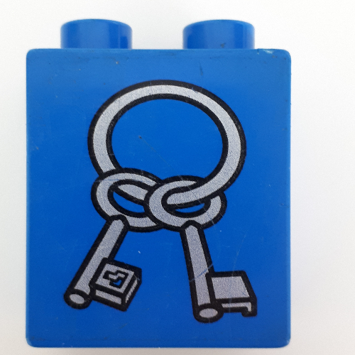 Duplo Brick 1 × 2 × 2 with Two Keys on a Ring Print Blue