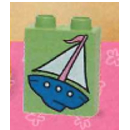 Duplo Brick 1 × 2 × 2 with Sailboat Print Medium Green