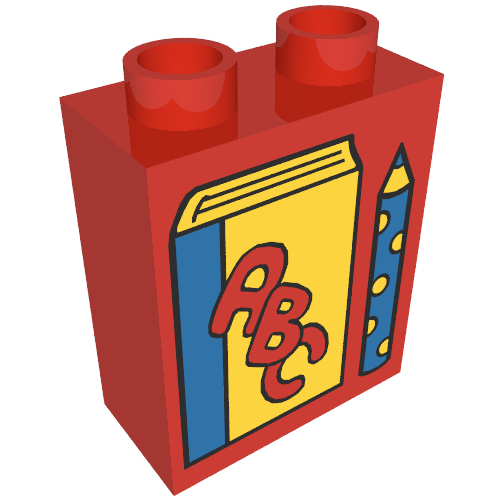 Duplo Brick 1 × 2 × 2 with Book with 'ABC' on Front and Pencil Print Red