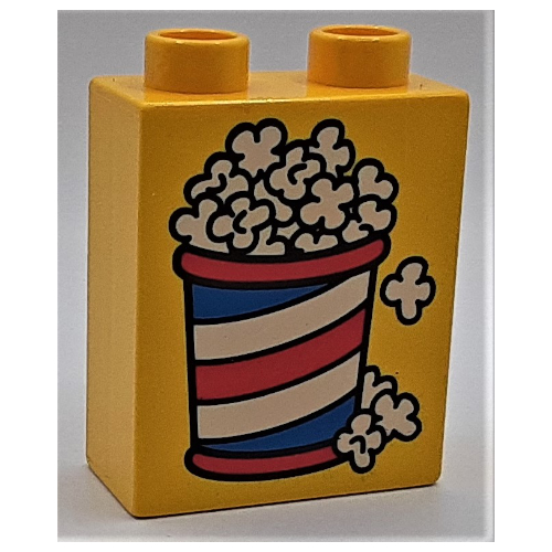 Duplo Brick 1 × 2 × 2 with Bucket of Popcorn Print Gelb