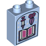 Duplo Brick 1 × 2 × 2 with Bottom Tube and Scissors, Syringe and Book Print Bright Light Blue