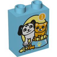 Duplo Brick 1 × 2 × 2 with Dog and Cat with Food Bowl and '1' Print Medium Azure