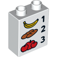Duplo Brick 1 × 2 × 2 with Banana, Baguettes, Apples, '1', '2', and '3' Print Weiß