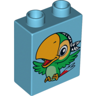 Duplo Brick 1 × 2 × 2 with Bird Skully the Parrot Print Medium Azure