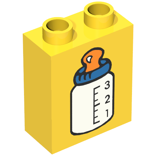 Duplo Brick 1 × 2 × 2 with Baby Bottle Blue Top Print Gelb