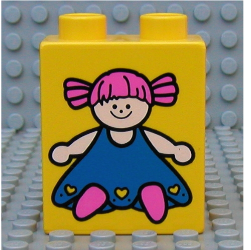 Duplo Brick 1 × 2 × 2 with Blue Doll Print Yellow
