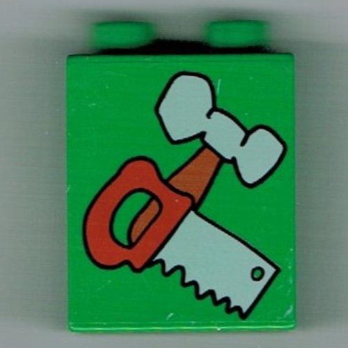 Duplo Stein 1 × 2 × 2 mit Hammer und Säge (bedruckt) in Grün