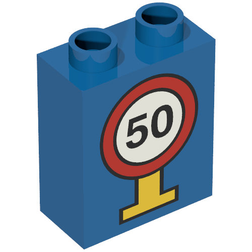 Duplo Brick 1 × 2 × 2 with Road Sign Speed Limit 50 Print Blue