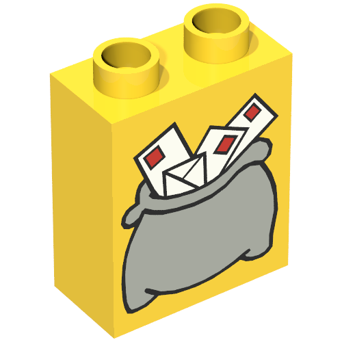 Duplo Brick 1 × 2 × 2 with Large Light Gray Mail Bag Print Yellow