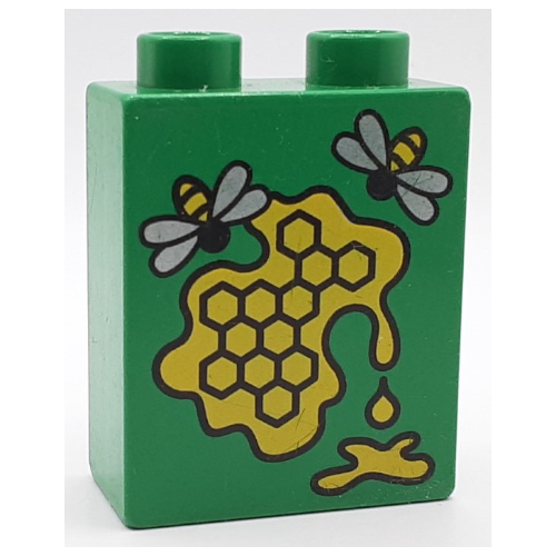 Duplo Brick 1 × 2 × 2 with 2 Bees and Honeycomb Print Grün
