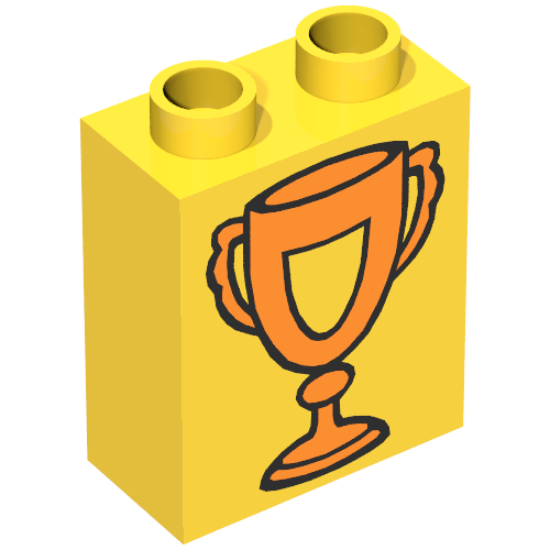 Duplo Brick 1 × 2 × 2 with Trophy Cup with Shield, Orange Print Gelb