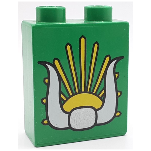 Duplo Brick 1 × 2 × 2 with Sun and Horns Print Green