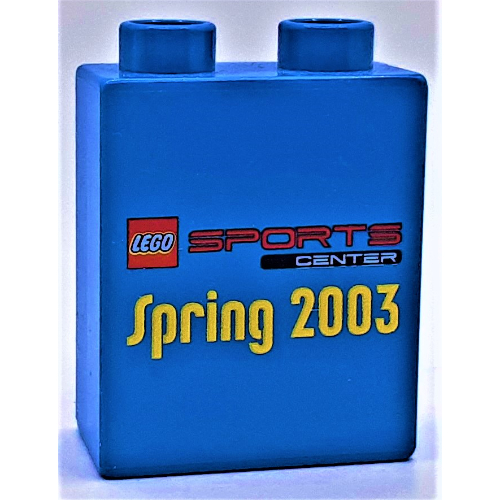 Duplo Brick 1 × 2 × 2 with Legoland Sports Center Spring 2003 Print Blau