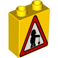 Duplo Brick 1 × 2 × 2 with Road Sign Construction Worker Print Yellow