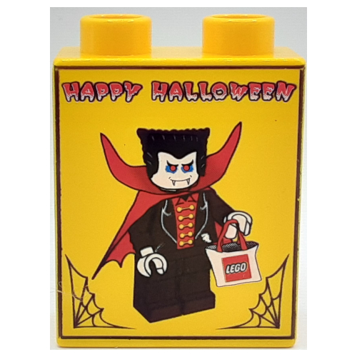 Duplo Brick 1 × 2 × 2 with LEGO Logo / 'Happy Halloween' and Vampire Print Yellow