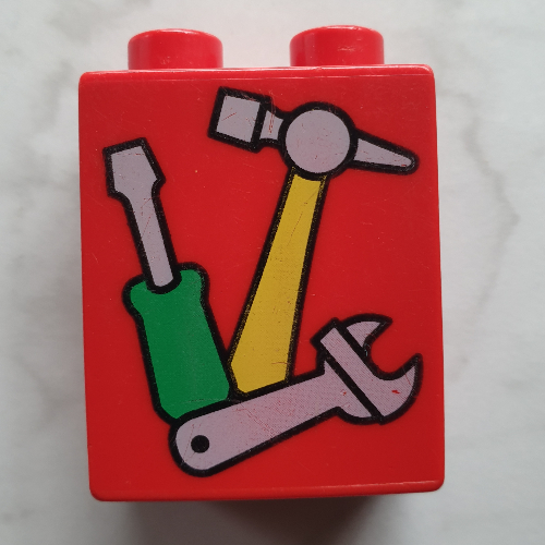 Duplo Brick 1 × 2 × 2 with Screwdriver, Hammer and Wrench Tools Print Red