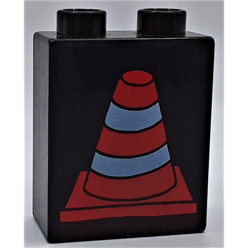 Duplo Brick 1 × 2 × 2 with Construction Cone 2 Print Black