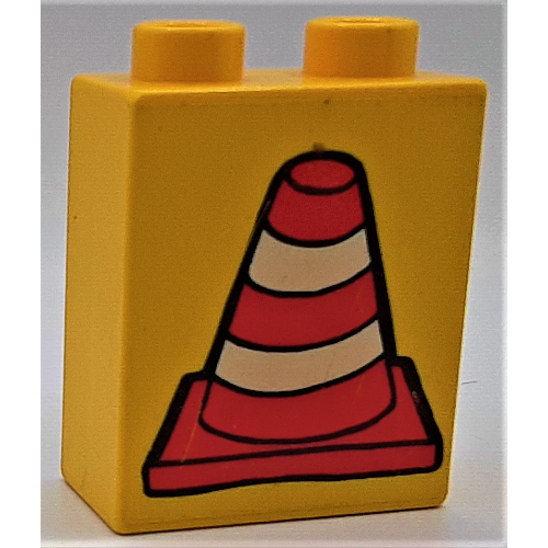 Duplo Brick 1 × 2 × 2 with Construction Cone 2 Print Yellow