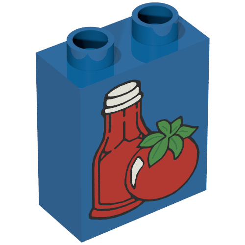 Duplo Brick 1 × 2 × 2 with Ketchup Bottle and Tomato Print Blue