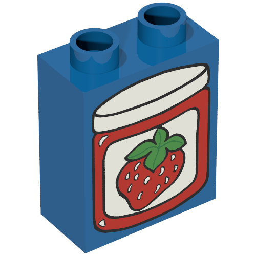 Duplo Brick 1 × 2 × 2 with Strawberry Label on Red Jar with Lid Print Blue